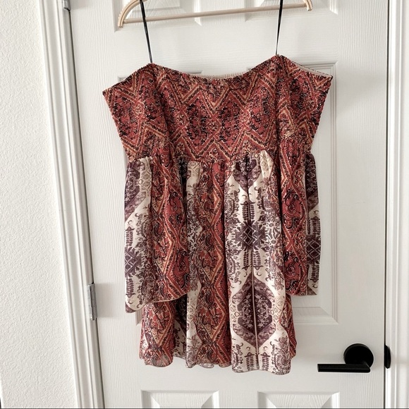 Orange Red Off-Shoulder Paisley Print Smocked Boho Bohemian Dress - Picture 4 of 6